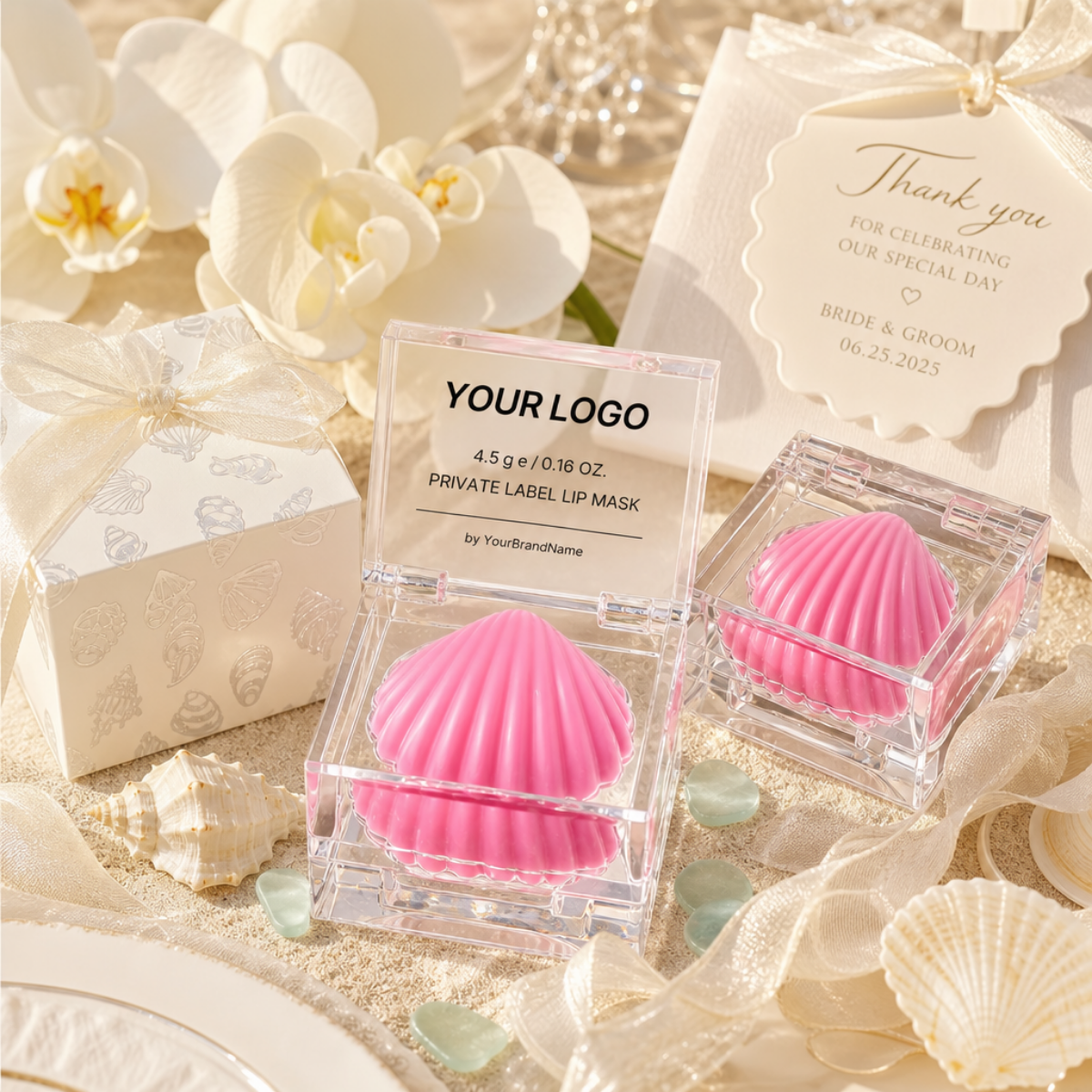 Custom Pearl Shell Lip Mask – Hydrating Lip Treatment | Bulk Beach Wedding Bridal Beauty